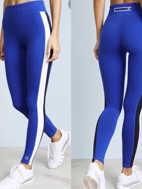 Tory Burch Sport Blue White Colorblock Side Stripe Leggings
